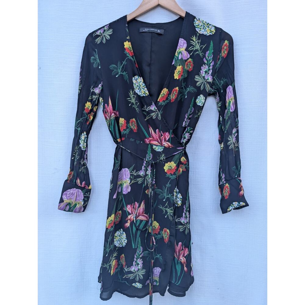 Zara Women's Floral Multicolor Wrap Mini Dress Sz‎ S Sheer Sleeves Whimsical
